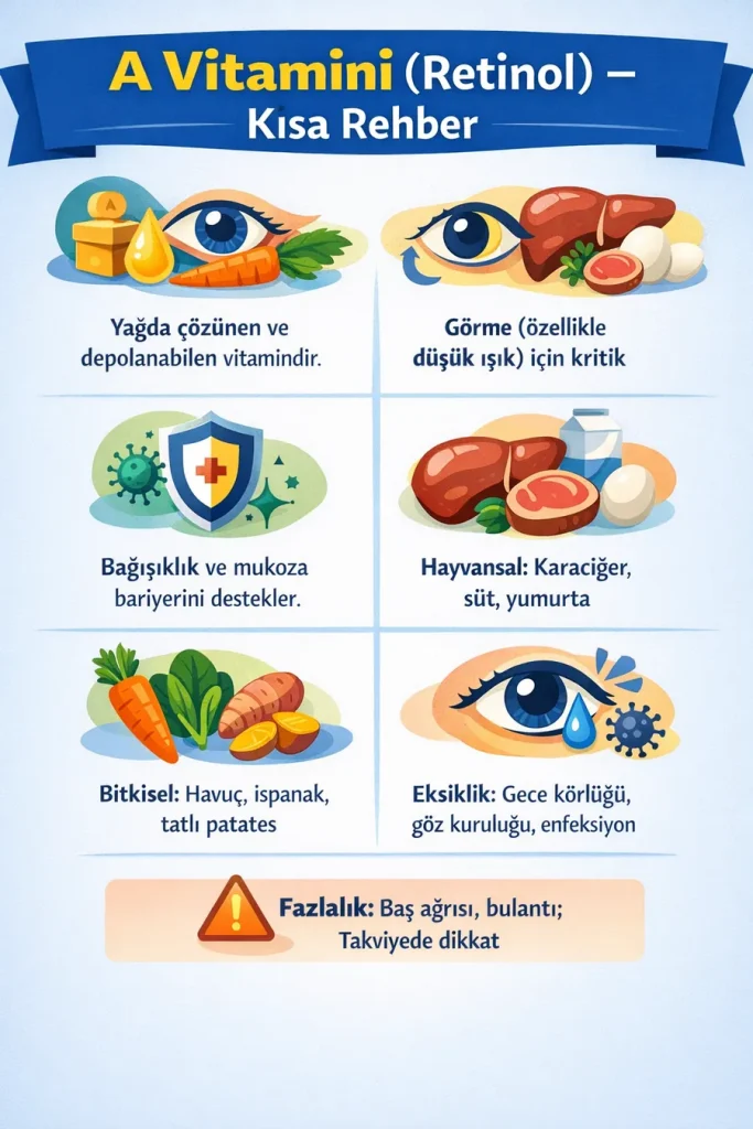 A vitamini (retinol), görme, bağışıklık ve cilt sağlığı için önemlidir. Kaynakları, faydaları, eksikliği ve fazlalığı burada.