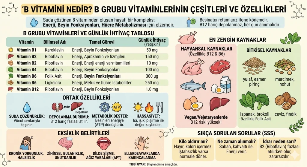 B vitamini kompleksi içeren besinler ve tabletler