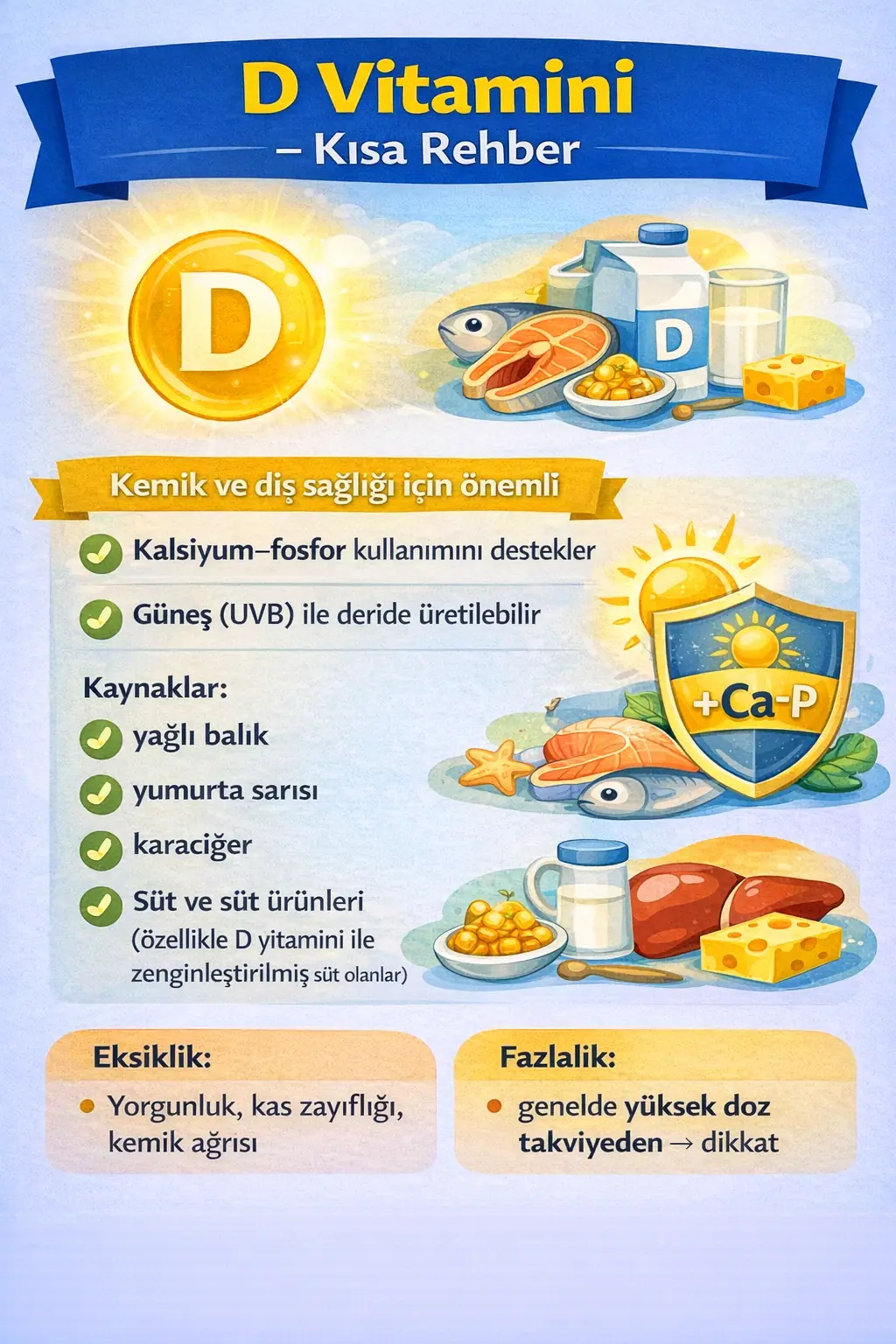 D vitamini, kemik ve kas sağlığı için kritiktir; güneşten üretilebilir, eksikliği ve takviyesi dikkat ister.