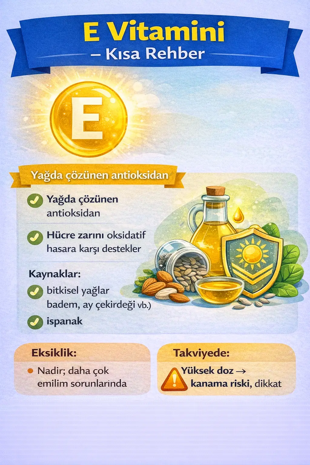 E vitamini yağda çözünen güçlü bir antioksidandır. Görevleri, besin kaynakları, eksikliği ve takviye kullanımında dikkat edilmesi gerekenler.