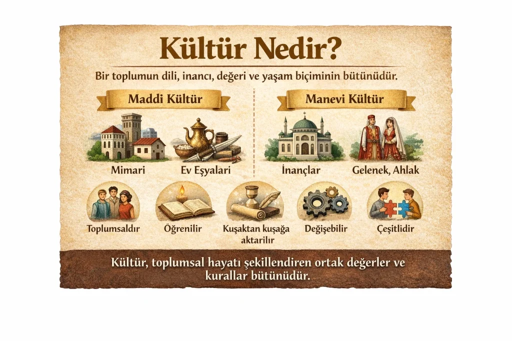 Kültür, bir toplumun dili, inançları, değerleri, gelenekleri ve yaşam biçiminin kuşaktan kuşağa aktarılan bütünüdür.
