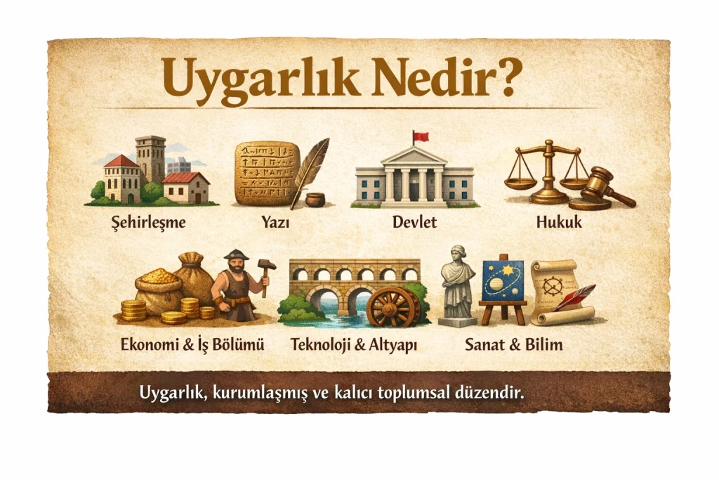 Uygarlık; şehirleşme, yazı, devlet, hukuk, ekonomi-iş bölümü, teknoloji-altyapı ve sanat-bilim gibi kurumlarla şekillenen kalıcı toplumsal düzendir.
