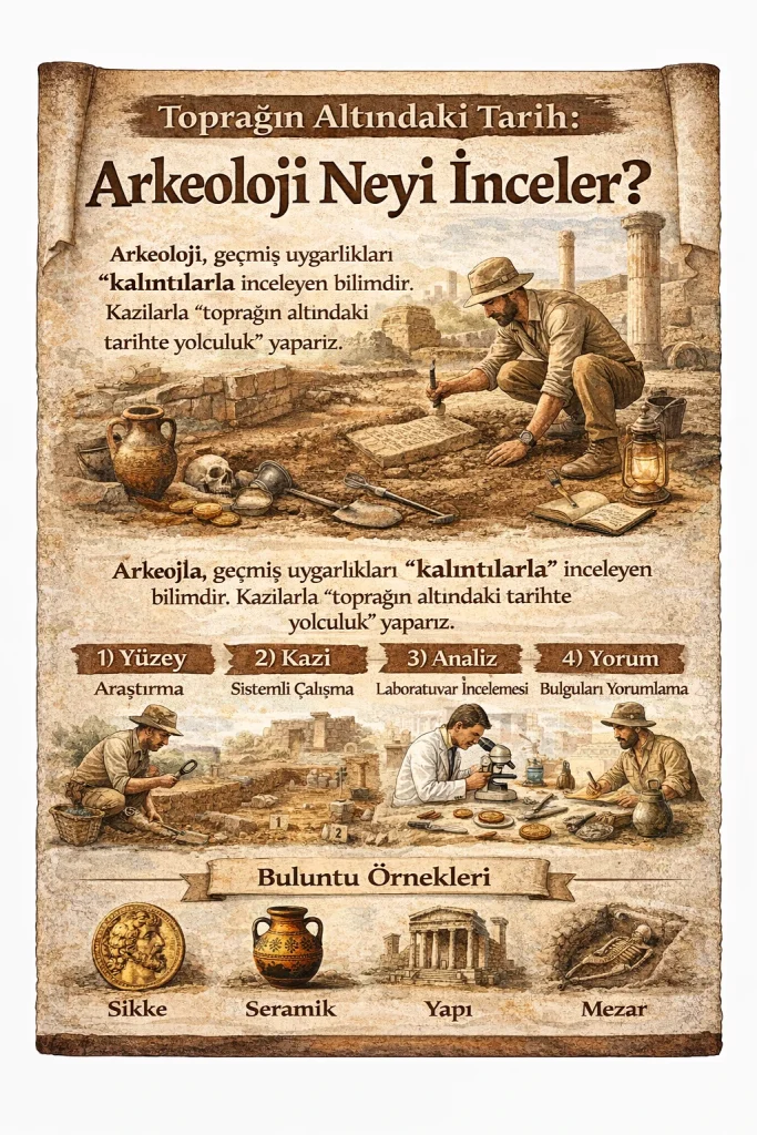 Arkeoloji toprağın altındaki kalıntılar; kazı, analiz ve yorumlama süreçleriyle geçmiş uygarlıkların izlerini günümüze taşır.