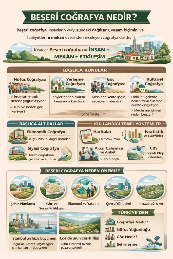 Beşeri Coğrafya infografiği; nüfus, yerleşme, göç, kültürel ve ekonomik faaliyetlerin mekâna dağılışını, kullanılan yöntemleri ve Türkiye’den örneklerle önemini özetler.
