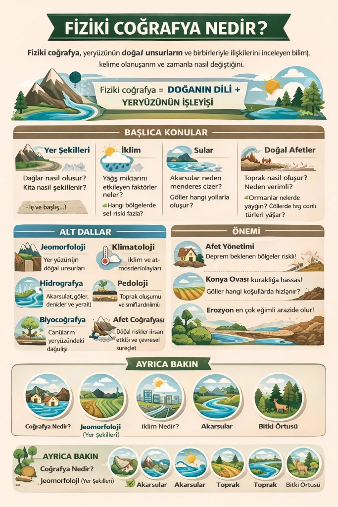Fiziki Coğrafya infografiği; yer şekilleri, iklim, sular, toprak, bitki örtüsü ve doğal afetler gibi temel konuları, alt dalları ve günlük hayattaki önemini özetler.