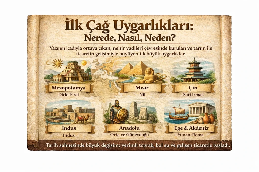 İlk Çağ uygarlıkları, yazının icadıyla birlikte nehir vadileri çevresinde kurulup tarım ve ticaret sayesinde büyüyen ilk büyük medeniyetlerdir.