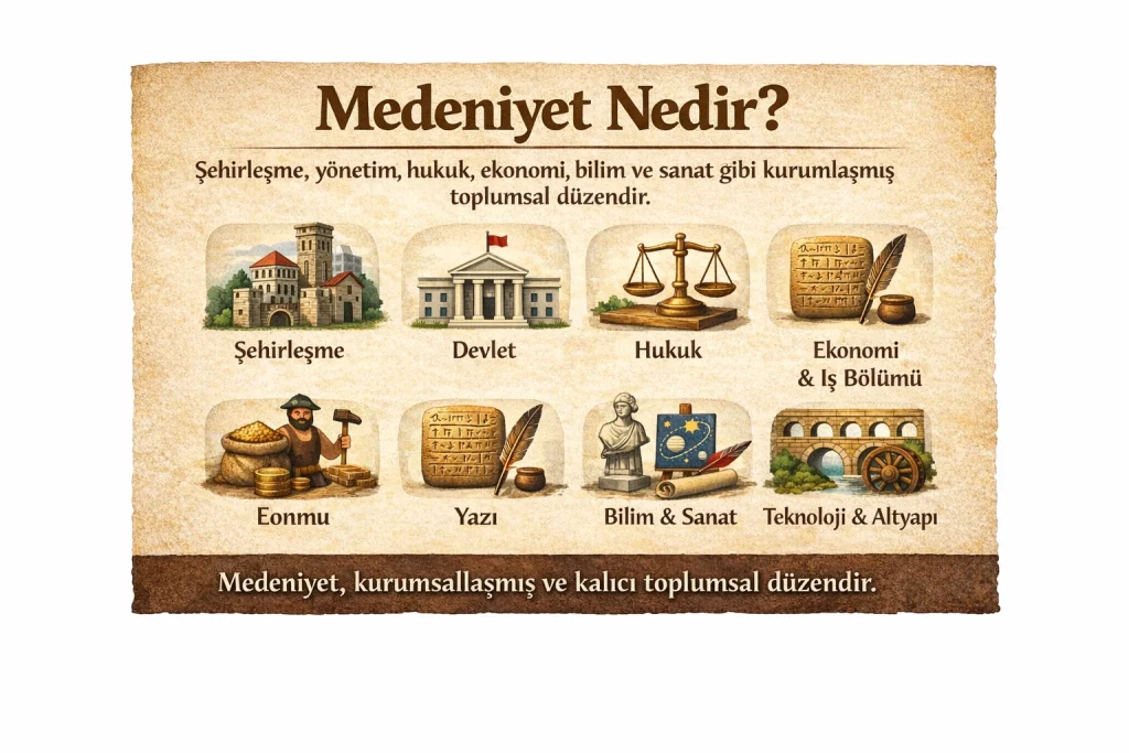 Medeniyet; şehirleşme, yönetim, hukuk, ekonomi, yazı, bilim-sanat ve teknoloji gibi kurumların gelişmesiyle oluşan kalıcı toplumsal düzendir.
