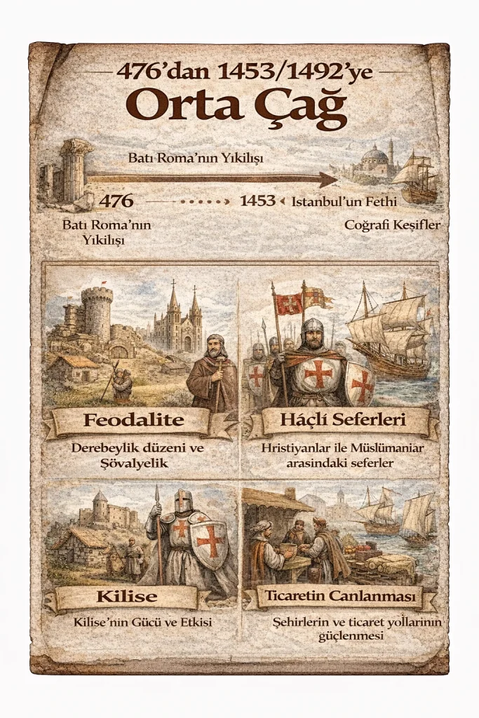 Orta Çağ, 476’da Batı Roma’nın yıkılışıyla başlayıp 1453/1492’ye uzanan süreçte feodalite, kilise etkisi, Haçlı seferleri ve ticaretin canlanmasıyla şekillenen bir dönemdir.