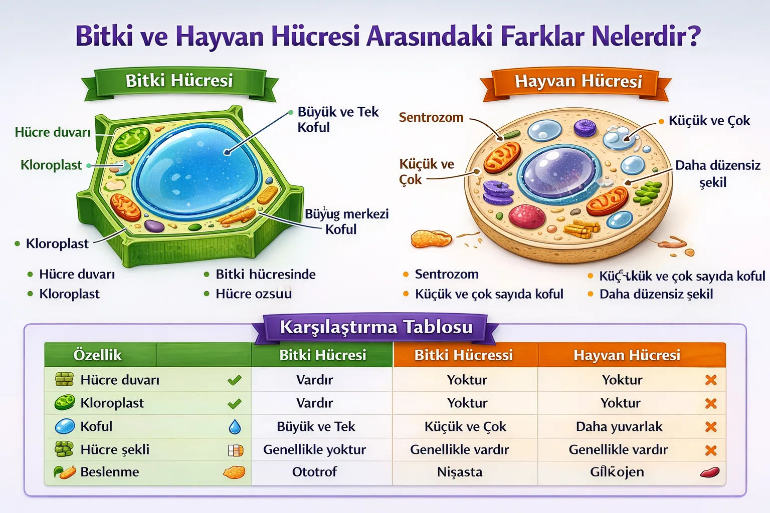 Bitki ve hayvan hücresinin arasındaki farklar