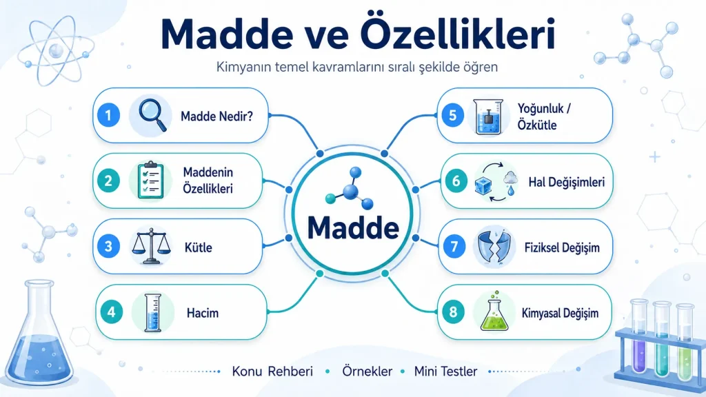 Madde ve özellikleri konu haritası: kütle, hacim, yoğunluk, hal değişimleri, fiziksel ve kimyasal değişim